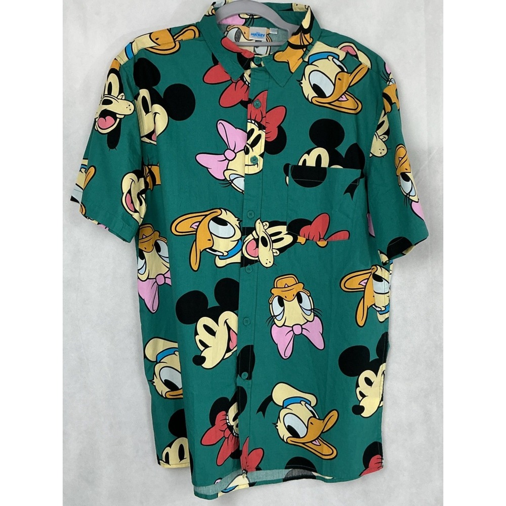 Disney Mickey Friends Shirt Mens Medium Teal All Over Print Button Up Y2K Retro
